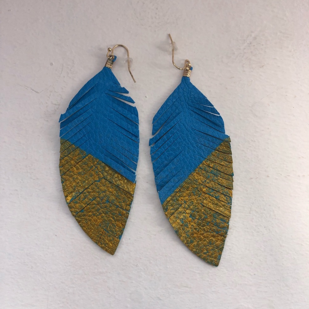 NBW GOLD AND BLUE FEATHER EARRINGS